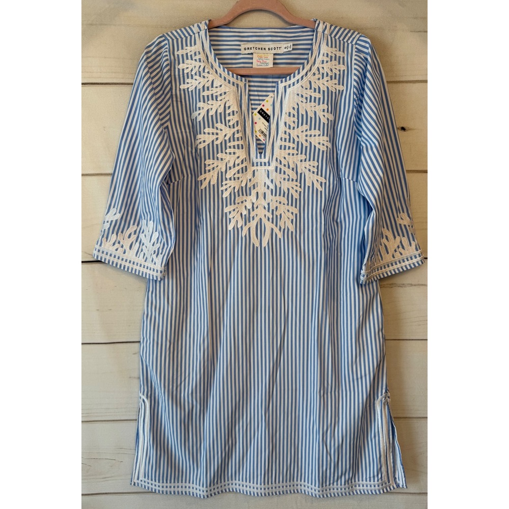 Gretchen Scott The Reef Dress Periwinkle Pinstripe Blue White Embroidered Small